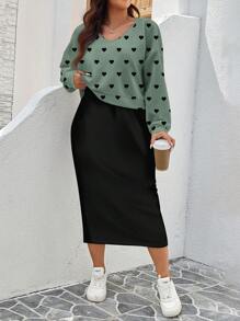 SHEIN LUNE Set de 2 piezas de mujer talla grande: sudadera y vestido con estampado de corazón, adecuado para primavera y otoño