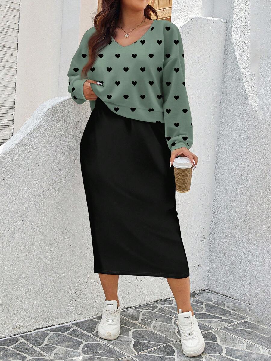 SHEIN LUNE Set de 2 piezas de mujer talla grande: sudadera y vestido con estampado de corazón, adecuado para primavera y otoño