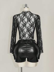SHEIN ICON 大尺碼蕾絲喇叭袖前綁帶方領上衣 - 黑色 - 查看 2