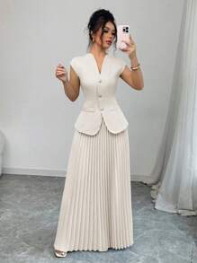 Chiquease 2pcs Women Simple Plain Cardigan And Pleated A-Line Skirt Set - Apricot - View 4