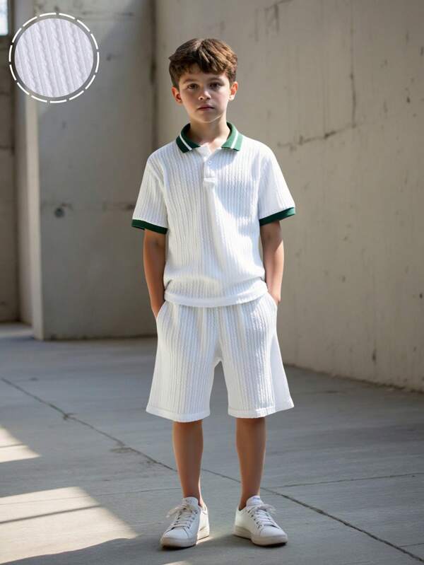 SHEIN Ensemble De Polo Pour Garçon Pré-adolescent Avec Bordure Contrastée Et Short