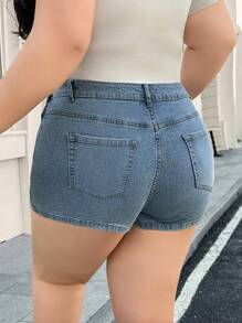 SHEIN EZwear Plus Size Fashionable Washed Slim Fit Denim Shorts For Summer