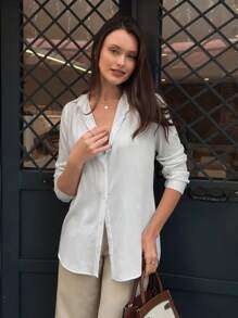 EURMUSE Solid Button Front Shirt - White - View 4