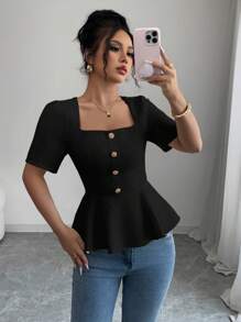 Chiquease Women's Solid Color Square Neck Short Sleeve Shirt, Simple & Fashionable, Suitable For Summer - Black - View 3