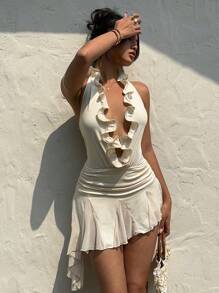 SHEIN EZwear 女士性感深 V 领露背挂脖迷你连衣裙 - 黃色 - 查看 4