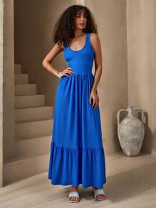 SHEIN Tall Elegant Solid Ruffle Hem Maxi A-Line Dress For Summer - Blue - View 6
