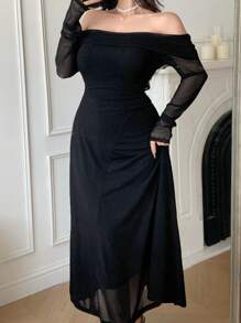 DAZY Spring/Fall Elegant Off-Shoulder Midi Dress For Wedding Guest, Solid Color,Dress For Wedding Long Sleeve Dress Prom Dress - Black - View 5