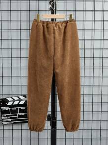 SHEIN 少年男孩毛絨內裡灰絨布運動褲,休閒服飾 - 棕色 - 查看 2