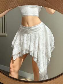 Sweetina Women's White Lace Ruffled Waist Asymmetrical Hem Double Layer Sweet Casual Vacation Skirt