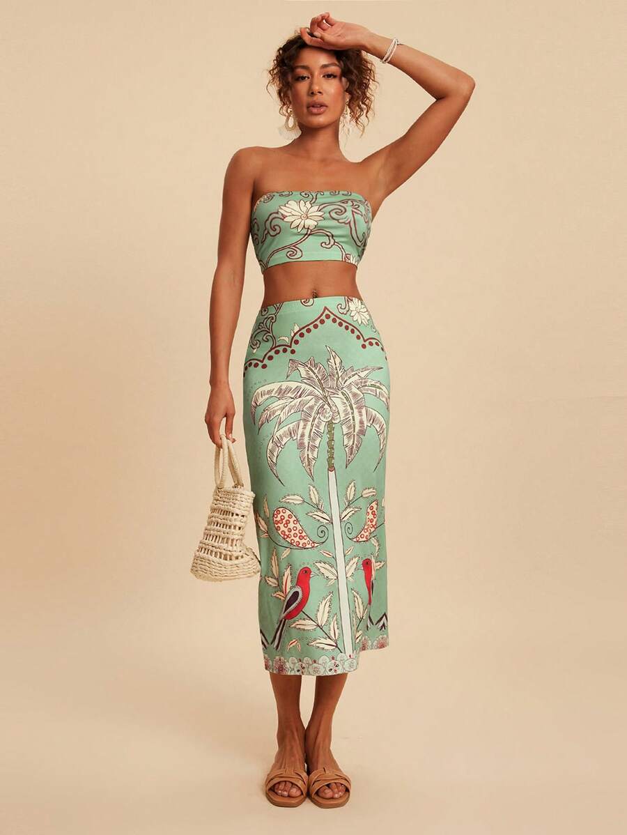 Travachic 2 件套女士花卉印花短款吊带背心上衣和裙子休闲度假装，女士两件套，女士度假装，波西米亚风，夏季 - 綠色 - 查看 1