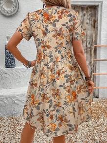 SHEIN LUNE Vestido curto casual feminino com estampa floral e decote em V e manga curta para férias - Damasco - Ver 2