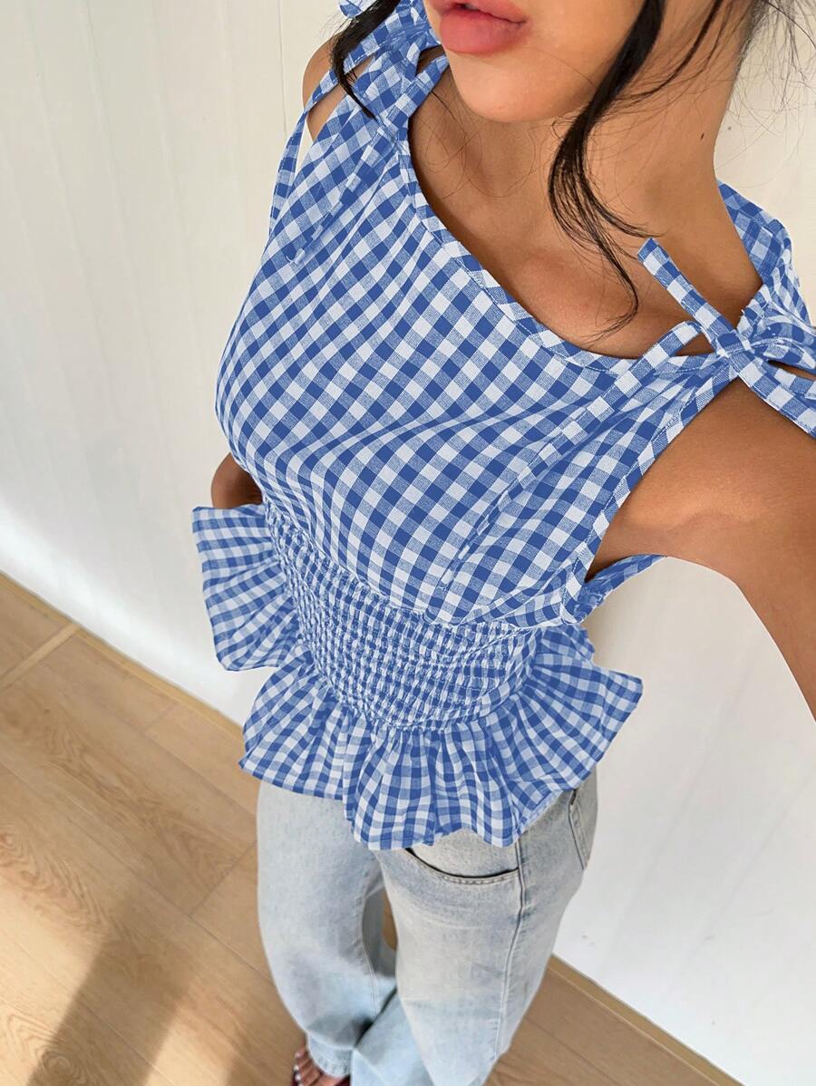 Aloruh Women's New Plaid Retro Romantic Date Afternoon Tea Bow Collar Slim Fit Ruffle Hem Camisole Y2K Style Top, Cute Casual Blouse