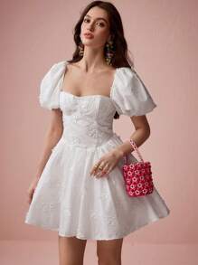 Enchnt Spring/Summer Romantic Women's White Exquisite 3D Floral Embroidered Puff Sleeves Square Neck Cute Mini Dress,Sweet&Elegant For Birthday&Holiday Party&Wedding Season&Garden Parties&Vacation&Graduation Season - White - View 7