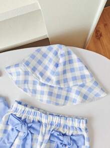 Set de 3 piezas para bebé niña: Top sin mangas a cuadros casual, pantalones y sombrero de cubo, primavera/verano - Azul - Ver 3