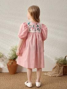 Blossori Vestido Solto Tecido Frouxamente com Estampa Floral Rosa Elegante Francesa para Meninas Jovens, Primavera/Verão - Rosa chiclete - Visão 2
