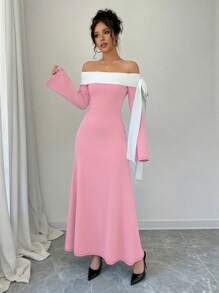 Rafferiza Abito lungo elegante da donna con decorazione a fiocco, maniche lunghe, bianco e nero