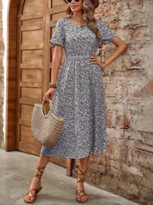 EMERY ROSE Vestido largo de mujer con cintura ceñida, diseño floral de margaritas y patrón geométrico simple