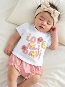 Cozy Pixies Set de 2 piezas para recién nacido niña: Top de punto de manga corta con cuello redondo y estampado de letras suave, y pantalones cortos de cintura elástica