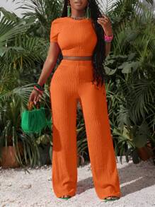 Slaydiva New Casual Basic Sports Style Spring And Summer Round Neck Short-Sleeved Truncated T-Shirt + Wide-Leg Super Long Pants Rose Red Striped Texture Knitted Fabric Women's Two Pieces Set-I