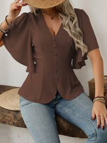 SHEIN Clasi Bluză ocazională de damă, elegantă, în stil francez, cu decolteu în V, cu nasturi, cu mâneci tip lanternă, pentru muncă, primăvară/vară