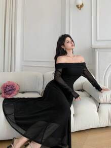 DAZY Spring/Fall Elegant Off-Shoulder Midi Dress For Wedding Guest, Solid Color,Dress For Wedding Long Sleeve Dress Prom Dress - Black - View 3