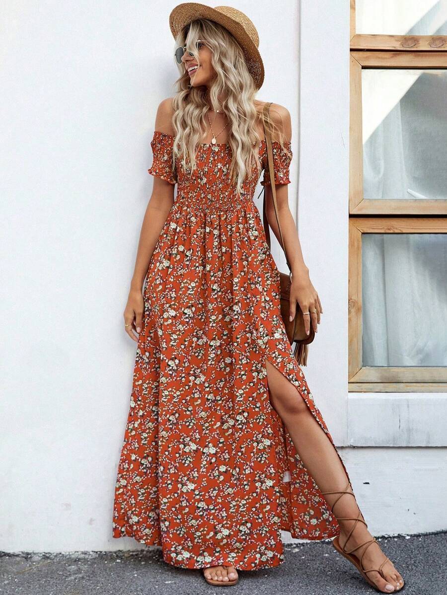 Short Sleeves Flower One Shoulder Dress With Slit Burgundy main image 1
