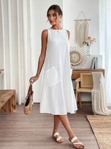 EMERY ROSE 女士休闲纯色无袖连衣裙，带双口袋，适合度假穿着