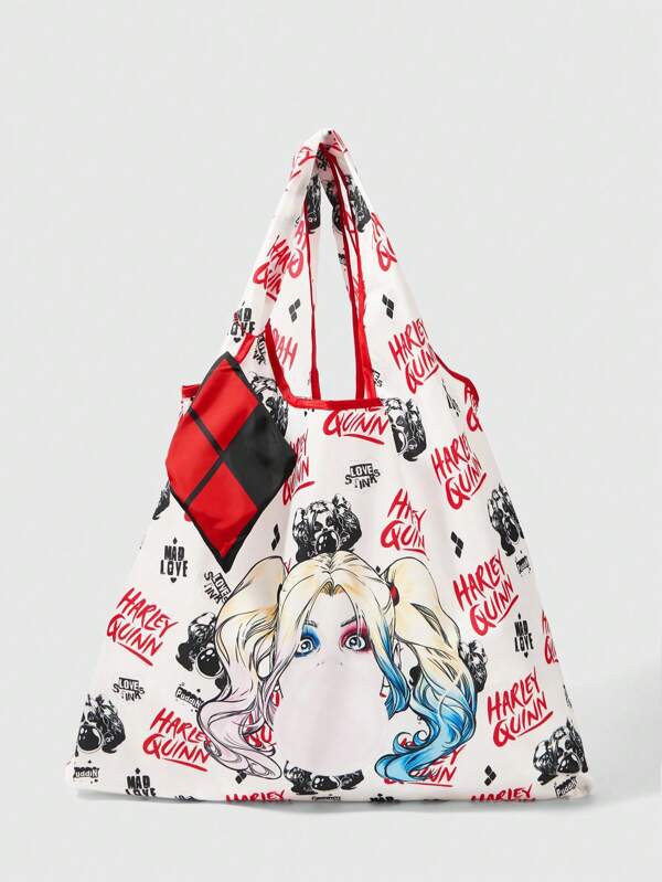 Harley Quinn | ROMWE 2pcs Dark Style Joker Girl Foldable Tote Bag, Large Capacity Reusable Shopping Bag For Outdoor, Supermarket
