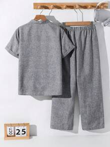 2pcs Tween Boy Casual Loose Short Sleeve Shirt And Long Pants Set, Suitable For Commuting, School, Daily Casual Outings, Sports, Spring & Summer