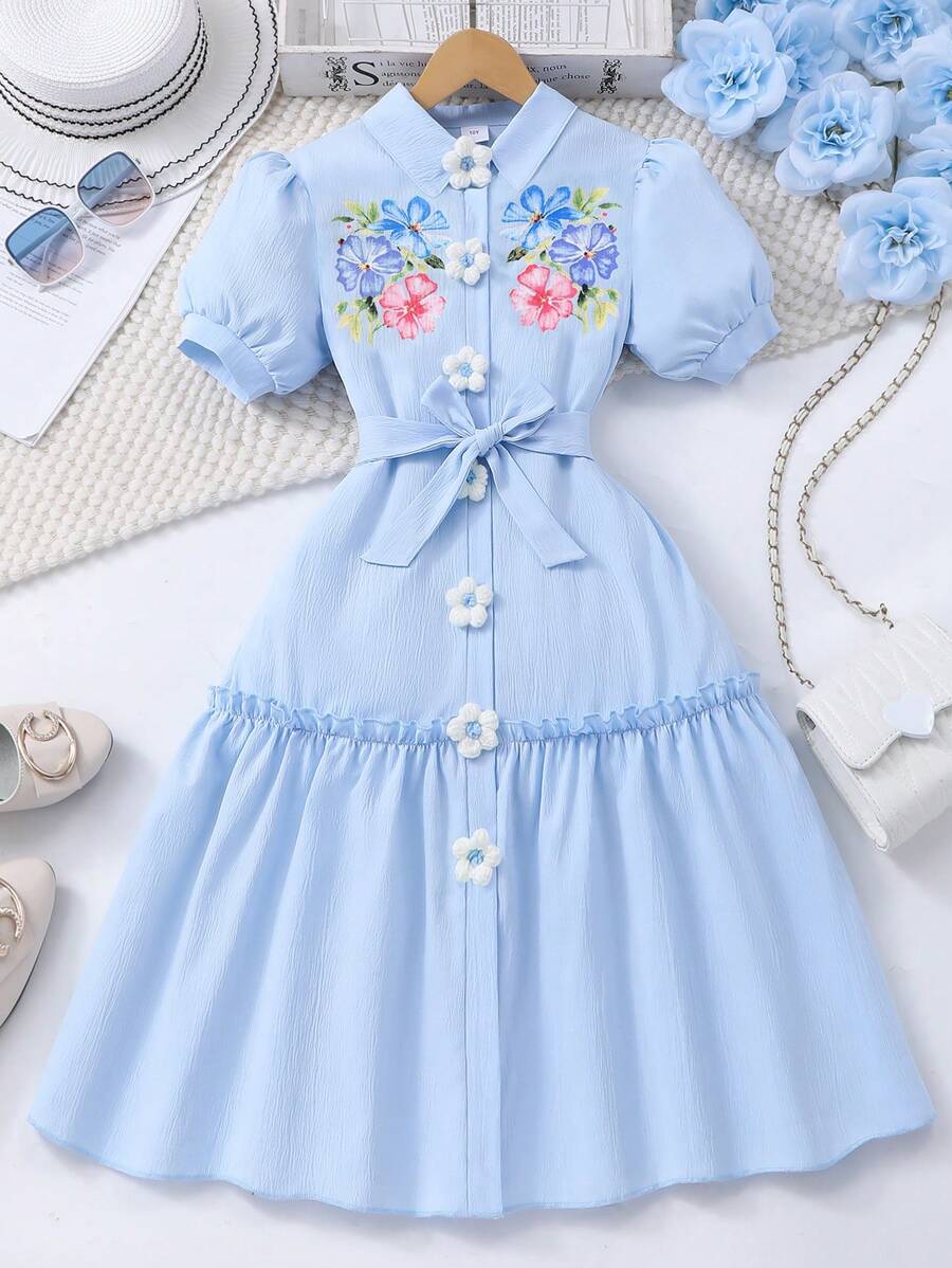 SHEIN 女童花卉印花领口前开泡泡袖连衣裙（配腰带） - 藍色 - 查看 1