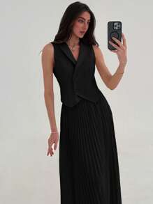 Aloruh Bộ đồ hai mảnh áo sơ mi công sở thanh lịch có nút và chân váy xếp ly dài, trang phục hẹn hò phong cách đại học đa năng, trang phục công sở thường ngày cho phụ nữ, bộ đồ mùa hè - màu đen - Xem 5