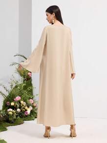 Al Najma Women's V-Neck Loose Long Sleeve Rhinestone Decorated Arabic Style Dress, Modest - Apricot - View 3