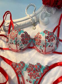 Esselle 2件套女士天蓝色刺绣性感内衣文胸和内裤套装 - 酒紅色 - 查看 5