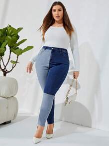 SHEIN Privé Plus Size Old Money Patchwork Elastic Skinny Jeans - Blue - View 6