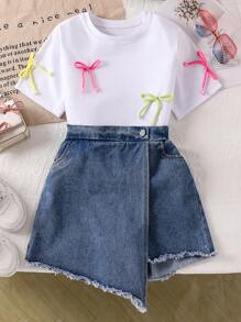 青少年女孩牛仔蝴蝶结刺绣 T 恤和牛仔短裤休闲两件套 - 白色 - 查看 8