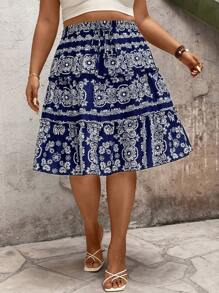 SHEIN LUNE Gonna casual con vita alta a-line, multicolore, con coulisse, multifunzionale, per vacanze, taglie comode