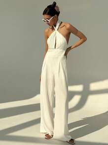 Aloruh Wedding Season Simple Commuter Wrap Neck Ruched Jumpsuit, Sleeveless Long Straight Leg For Women - White - View 4