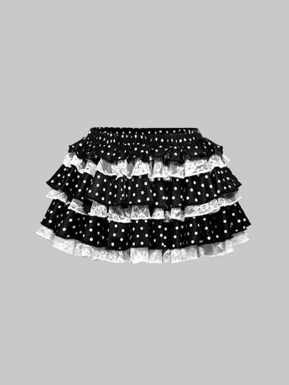 J-Fashion Polka Punkt & Spitze Patchwork mehrlagiger Super Mini Rock für Damen, Sommer