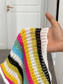 Slaydiva Set de vară nou, stil nou, vacanță la plajă, casual, dungi colorate, scobite din tricot, top halter + pantaloni scurți cu legături, 2 buc., pentru doamne - B în toamnă/iarnă