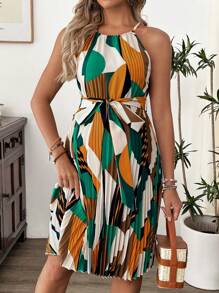SHEIN Asymmetrical Geometric Print Casual Pleated Sleeveless Tied Maternity Dress - Multicolor - View 5