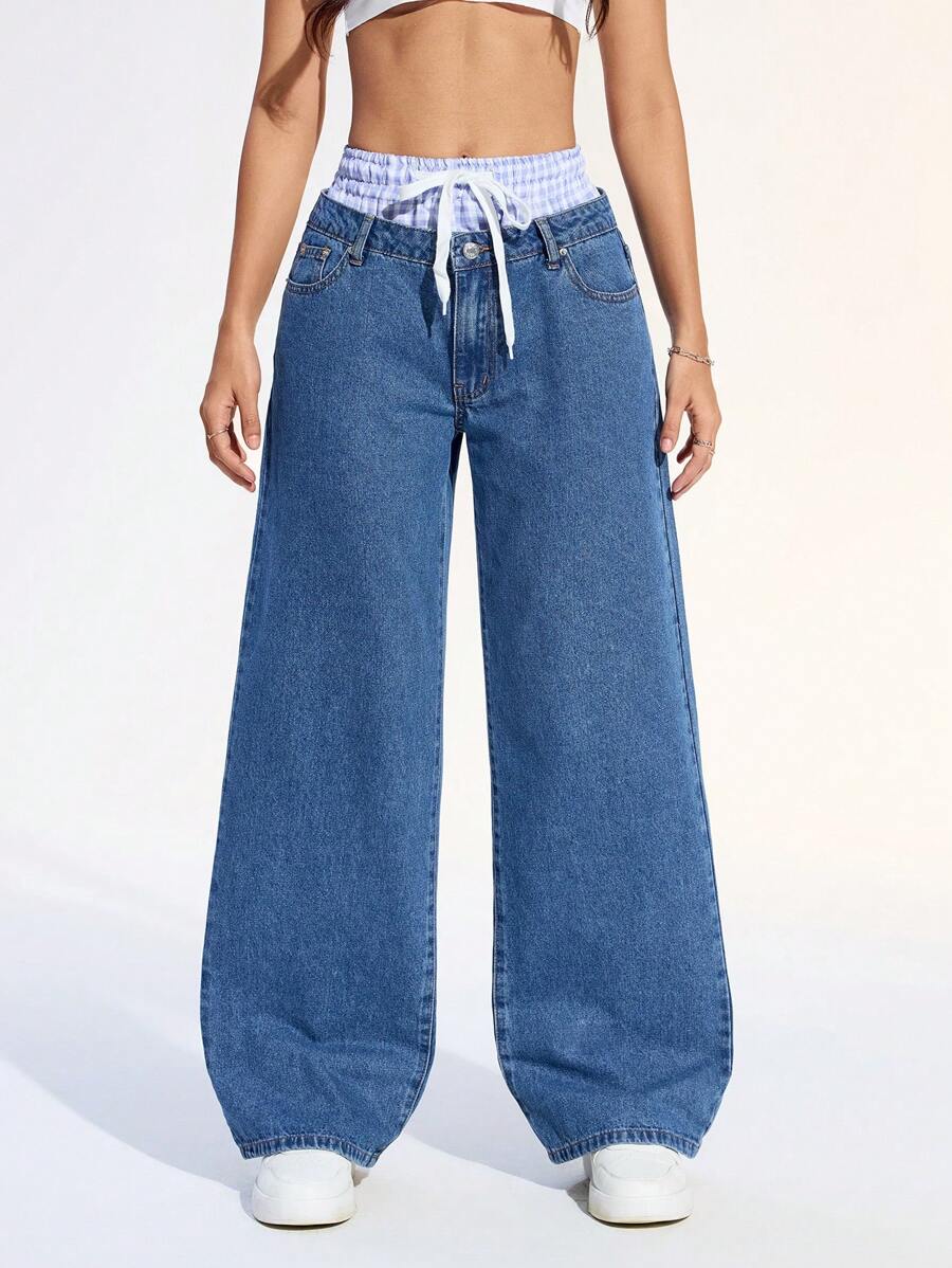 SHEIN EZwear Quần Jeans Ống Rộng Cạp Vá Cho Nữ, Quần Jeans Thẳng Rộng Lưng Thấp Màu Xanh, Quần Jeans Rộng Lưng Giữa, Quần Mùa Hè Cho Nữ, Thập Niên 90, Quần Áo Thường Ngày Y2K - Rửa trung bình - Xem 1