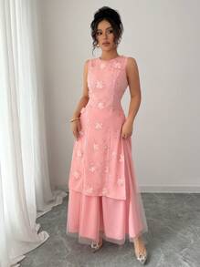 Elenzga 2 件套女士时尚优雅 3D 花朵闪光套装