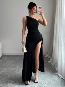 Selianne 新款性感黑色不对称肩部褶皱镂空高开叉连衣裙，适合夏季度假、约会、聚会