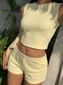 SHEIN EZwear Bộ 2 áo ba lỗ ngắn màu vàng và quần short cho nữ - Màu vàng - Xem 5