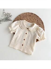 Loomiva Baby Girl Solid Color Ruffle Trim Bubble Sleeve Top, Casual & Versatile