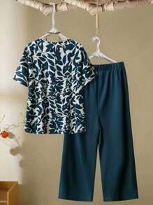 EMERY ROSE 2pcs/Set Extra Large Women Summer Solid Crew Neck Batwing Sleeve Blouse And Wide Leg Pants Casual Outfit - Multicolor - View 2