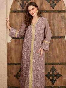 Al Najma Women's V-Neck Jacquard Textured Modest Elegant Turkish & Arabic Style Maxi Dress, Spring/Summer, Kaftan - Dusty Pink - View 5