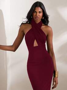 Opulessa Solid Color Knitted Halter Backless Bodycon Slit Dress For Women Dresses For Wedding Event