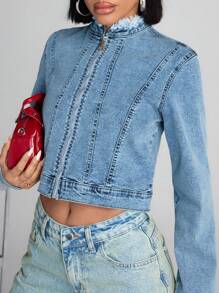 RueChic Giacca di jeans casual da donna con chiusura lampo anteriore e design con frange a maniche lunghe