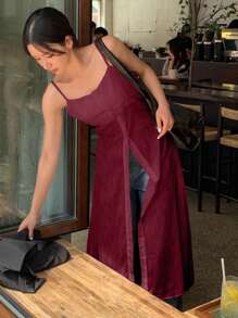 DAZY 女士纹理面料长款白色吊带背心，春夏 - 酒紅色 - 查看 1